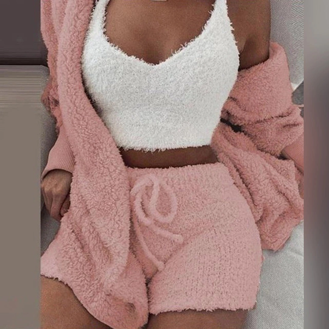 Women's Cozy Lounge Set - Fluffy Shorts & Soft V-Neck Top