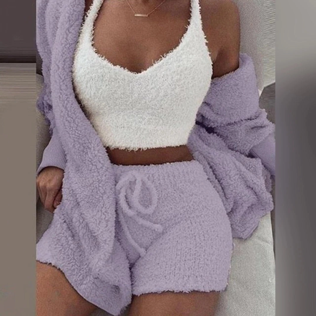 Women's Cozy Lounge Set - Fluffy Shorts & Soft V-Neck Top