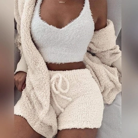 Women's Cozy Lounge Set - Fluffy Shorts & Soft V-Neck Top