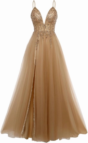 Women's Dresses V-Neck Spaghetti Straps Elegant Beaded Embroidery Slim Waist Long Dresses