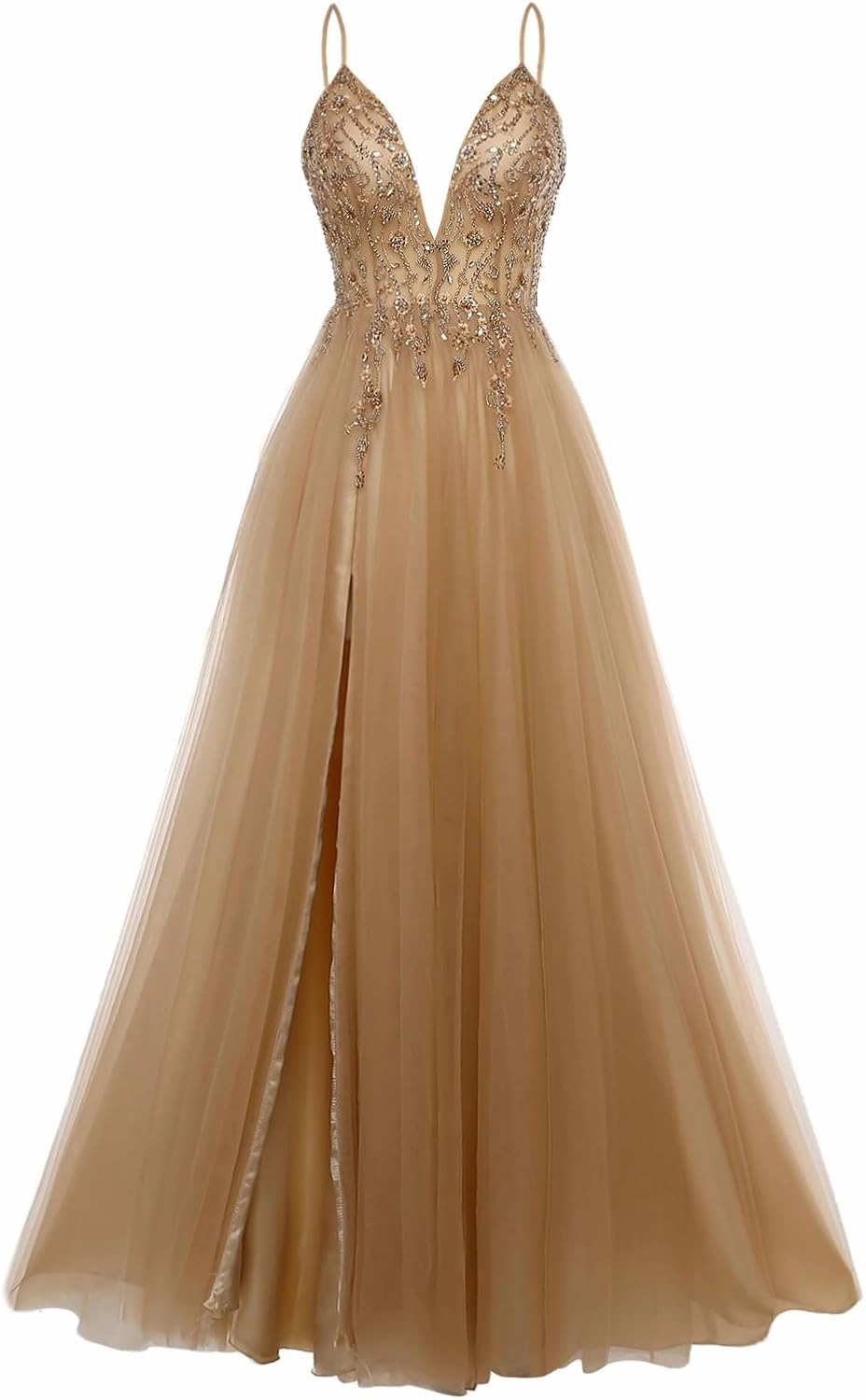 Women's Dresses V-Neck Spaghetti Straps Elegant Beaded Embroidery Slim Waist Long Dresses
