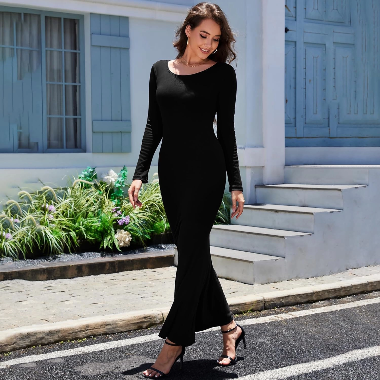 Women's Formal Dresses Casual Scoop Neck Ribbed Long Sleeve Elegant Bodycon Long Maxi Dresses for Spring 2025