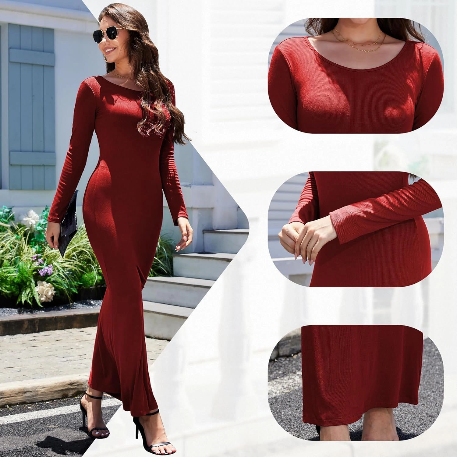 Women's Formal Dresses Casual Scoop Neck Ribbed Long Sleeve Elegant Bodycon Long Maxi Dresses for Spring 2025