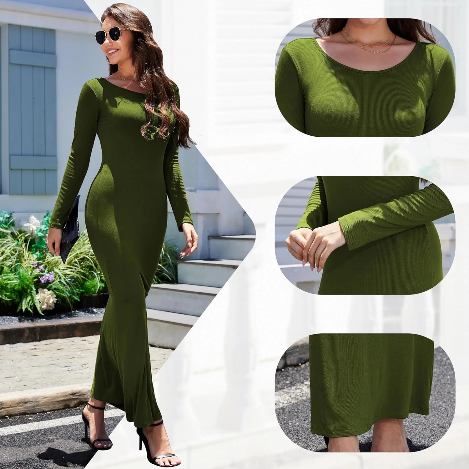 Women's Formal Dresses Casual Scoop Neck Ribbed Long Sleeve Elegant Bodycon Long Maxi Dresses for Spring 2025