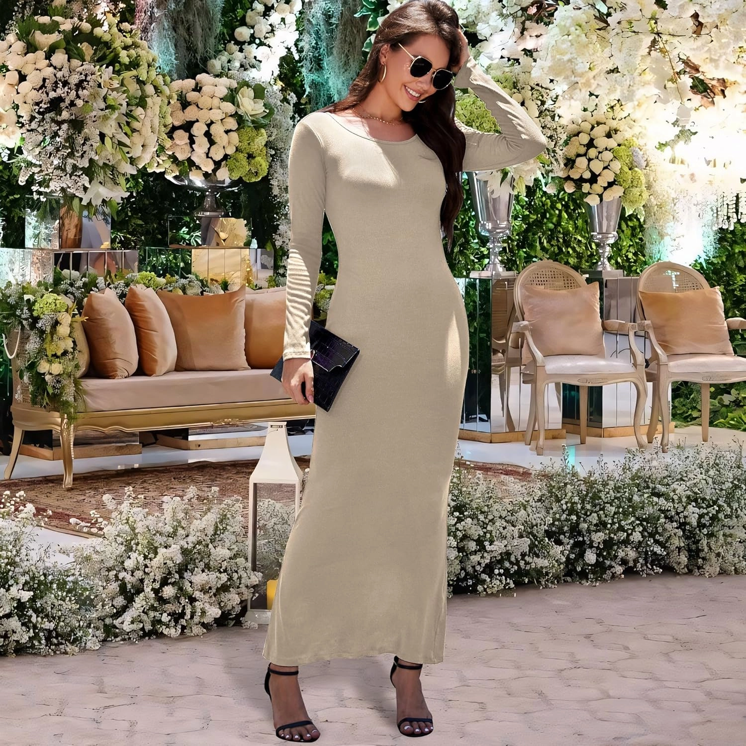 Women's Formal Dresses Casual Scoop Neck Ribbed Long Sleeve Elegant Bodycon Long Maxi Dresses for Spring 2025