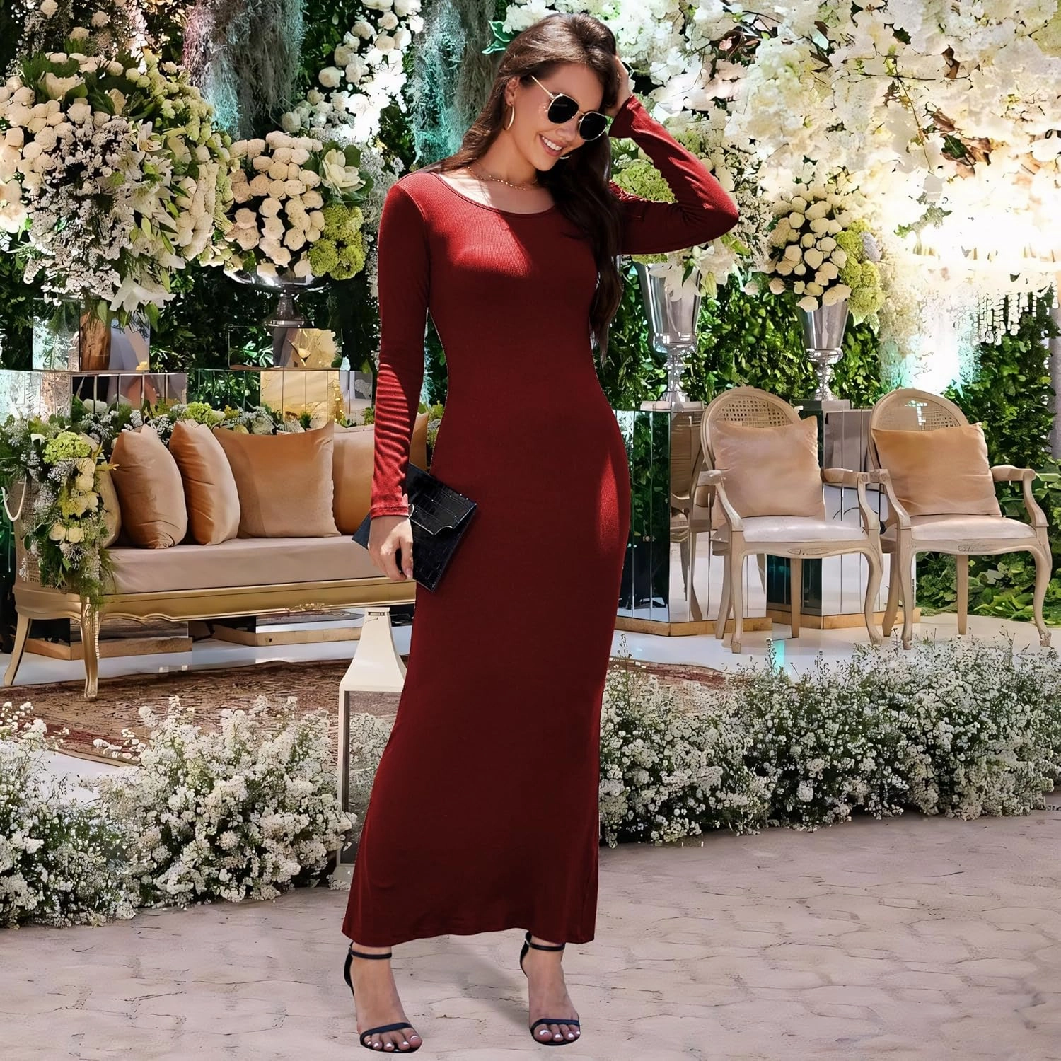 Women's Formal Dresses Casual Scoop Neck Ribbed Long Sleeve Elegant Bodycon Long Maxi Dresses for Spring 2025