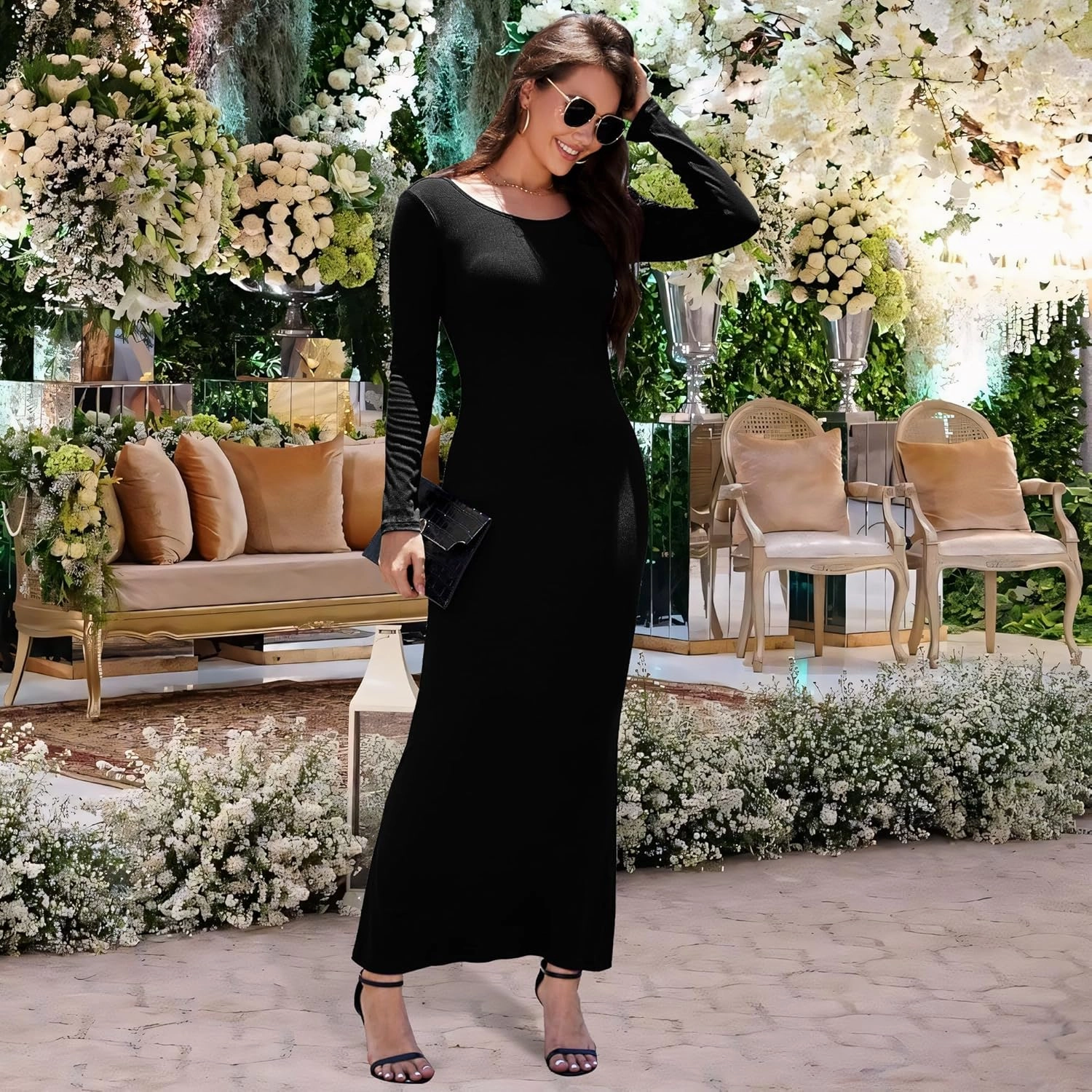 Women's Formal Dresses Casual Scoop Neck Ribbed Long Sleeve Elegant Bodycon Long Maxi Dresses for Spring 2025