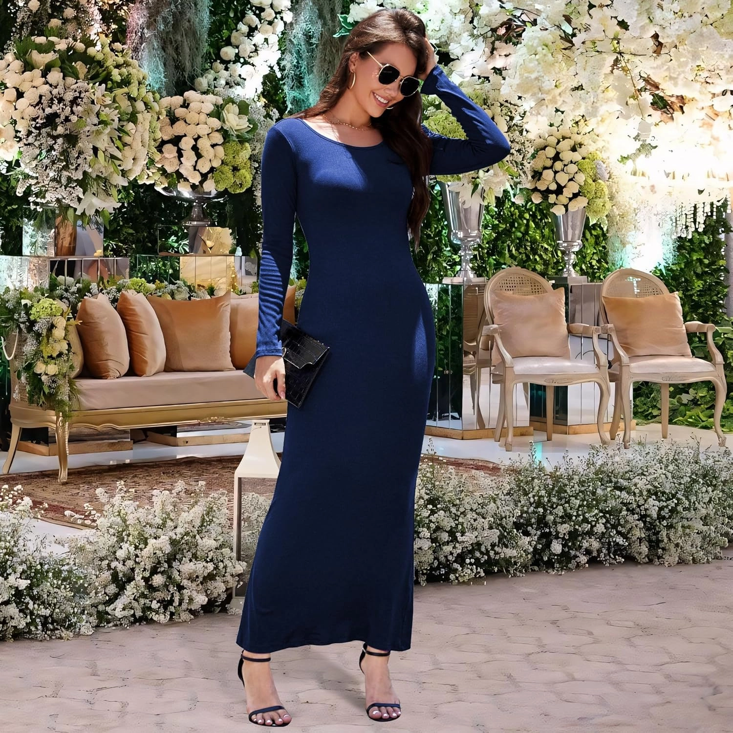 Women's Formal Dresses Casual Scoop Neck Ribbed Long Sleeve Elegant Bodycon Long Maxi Dresses for Spring 2025