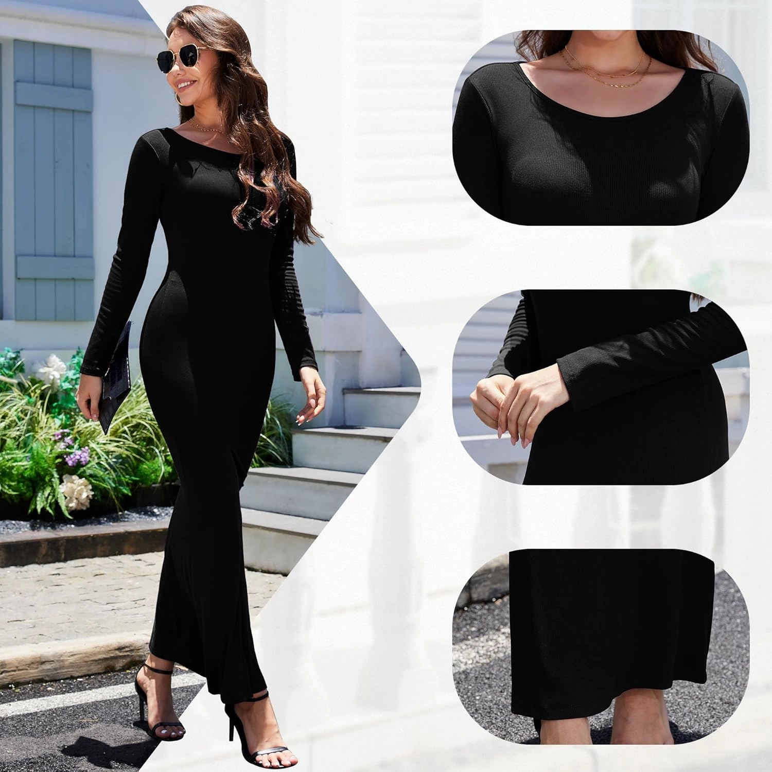 Women's Formal Dresses Casual Scoop Neck Ribbed Long Sleeve Elegant Bodycon Long Maxi Dresses for Spring 2025