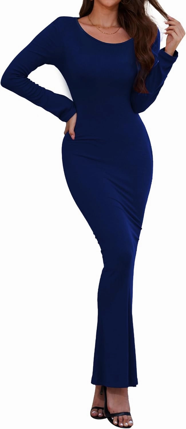 Women's Formal Dresses Casual Scoop Neck Ribbed Long Sleeve Elegant Bodycon Long Maxi Dresses for Spring 2025