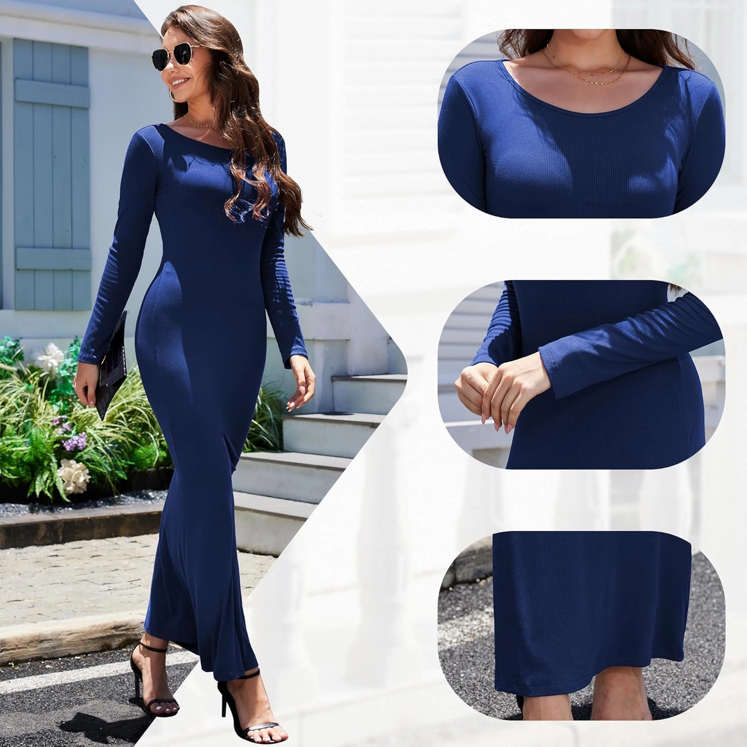 Women's Formal Dresses Casual Scoop Neck Ribbed Long Sleeve Elegant Bodycon Long Maxi Dresses for Spring 2025