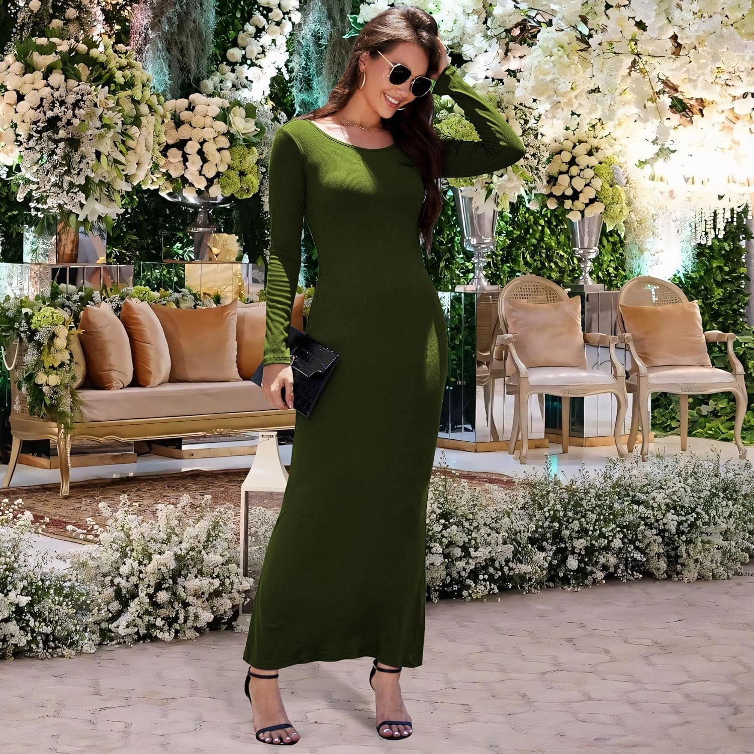 Women's Formal Dresses Casual Scoop Neck Ribbed Long Sleeve Elegant Bodycon Long Maxi Dresses for Spring 2025