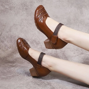 Women's Leather Printed Chunky Heel Mary Jane Shoes, Fashion Vintage Closed Wide Toe Adjustable Hook and Loop Low Block Heel Pumps, Comfortable Breathable Casual Backless Mom Pumps