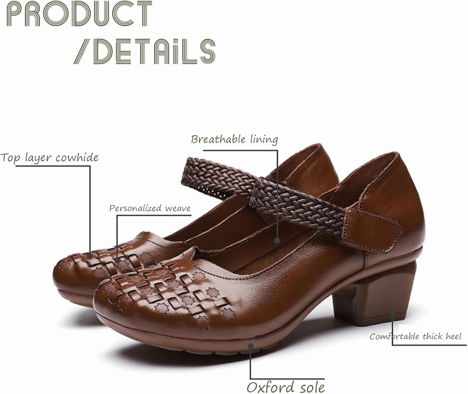 Women's Leather Printed Chunky Heel Mary Jane Shoes, Fashion Vintage Closed Wide Toe Adjustable Hook and Loop Low Block Heel Pumps, Comfortable Breathable Casual Backless Mom Pumps