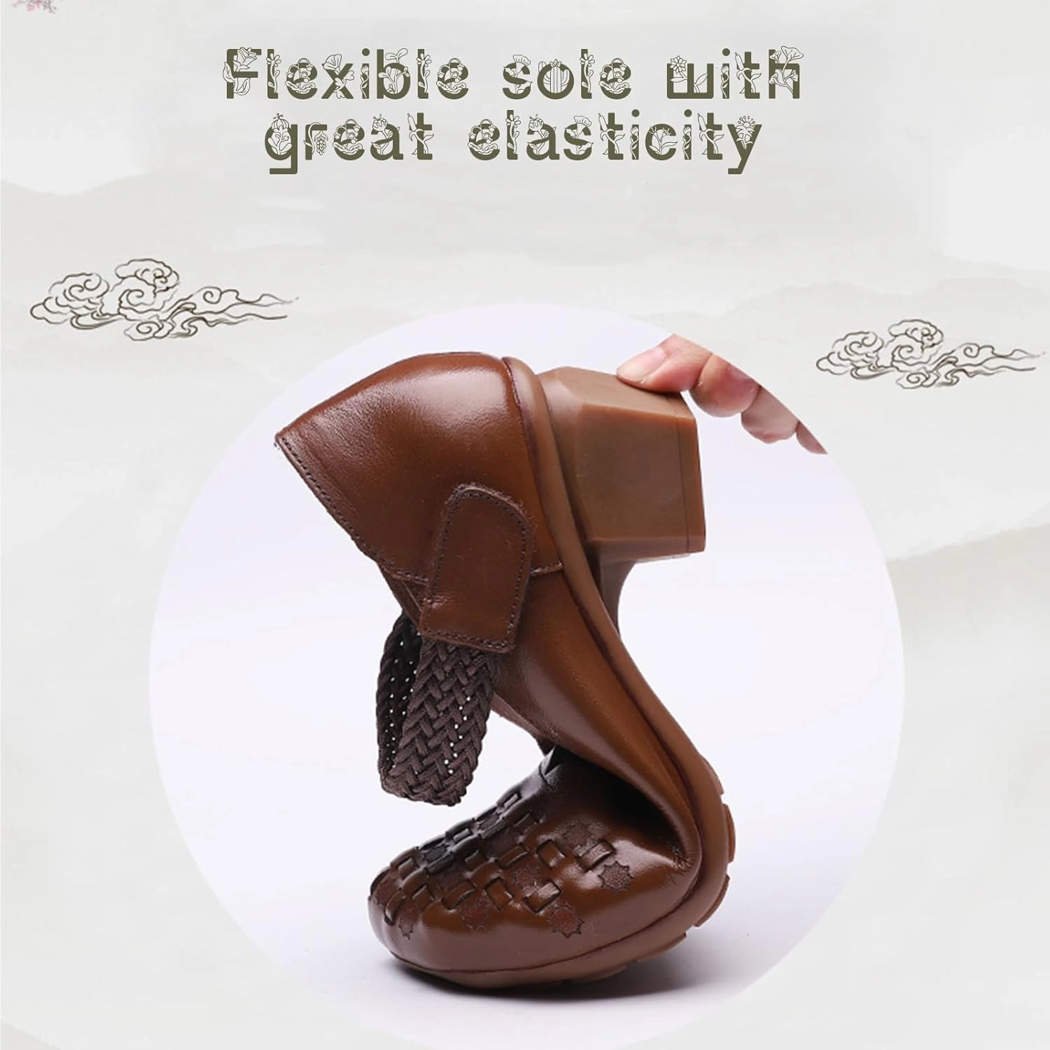 Women's Leather Printed Chunky Heel Mary Jane Shoes, Fashion Vintage Closed Wide Toe Adjustable Hook and Loop Low Block Heel Pumps, Comfortable Breathable Casual Backless Mom Pumps