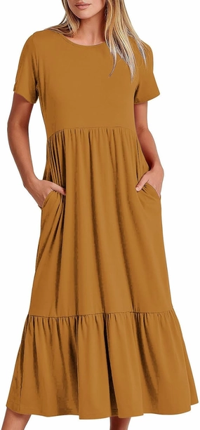Women's Short Sleeve Casual Midi Dresses Simple Solid Color Sun Dresses Comfy Fashion Loose Fi Dress with Pockets