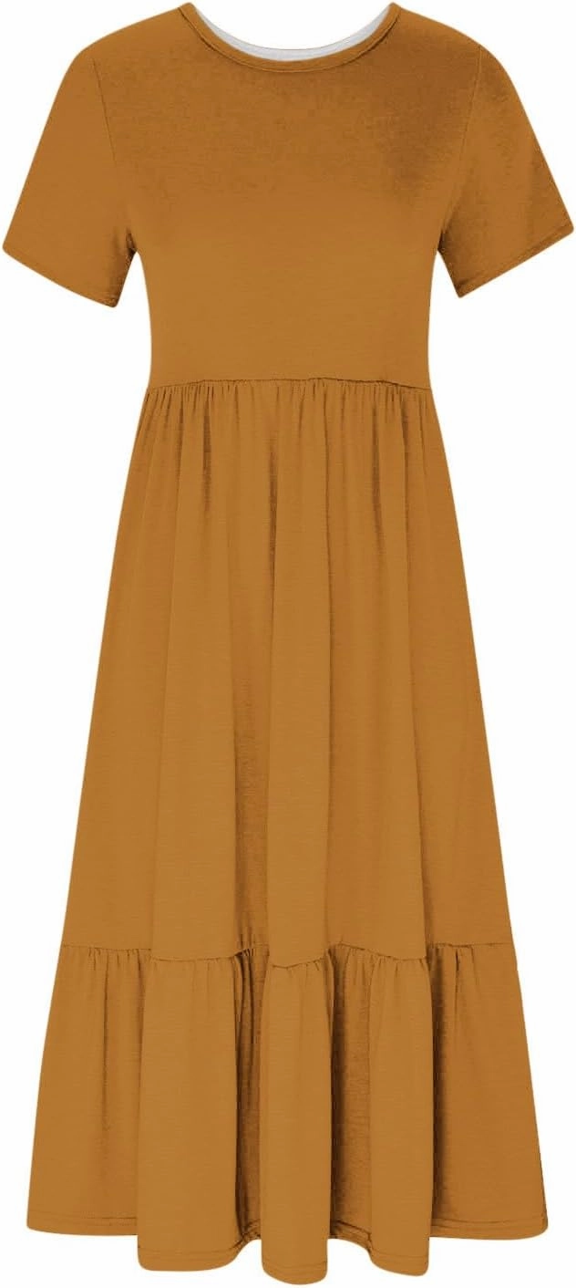 Women's Short Sleeve Casual Midi Dresses Simple Solid Color Sun Dresses Comfy Fashion Loose Fi Dress with Pockets