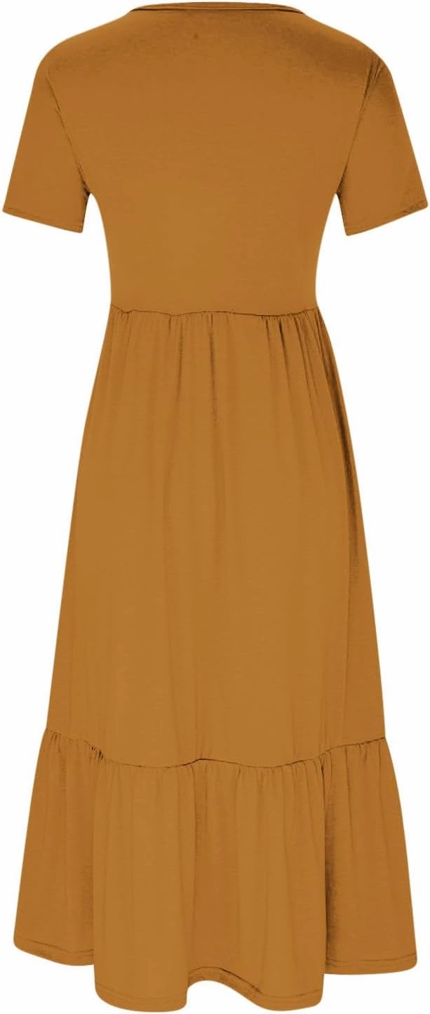 Women's Short Sleeve Casual Midi Dresses Simple Solid Color Sun Dresses Comfy Fashion Loose Fi Dress with Pockets