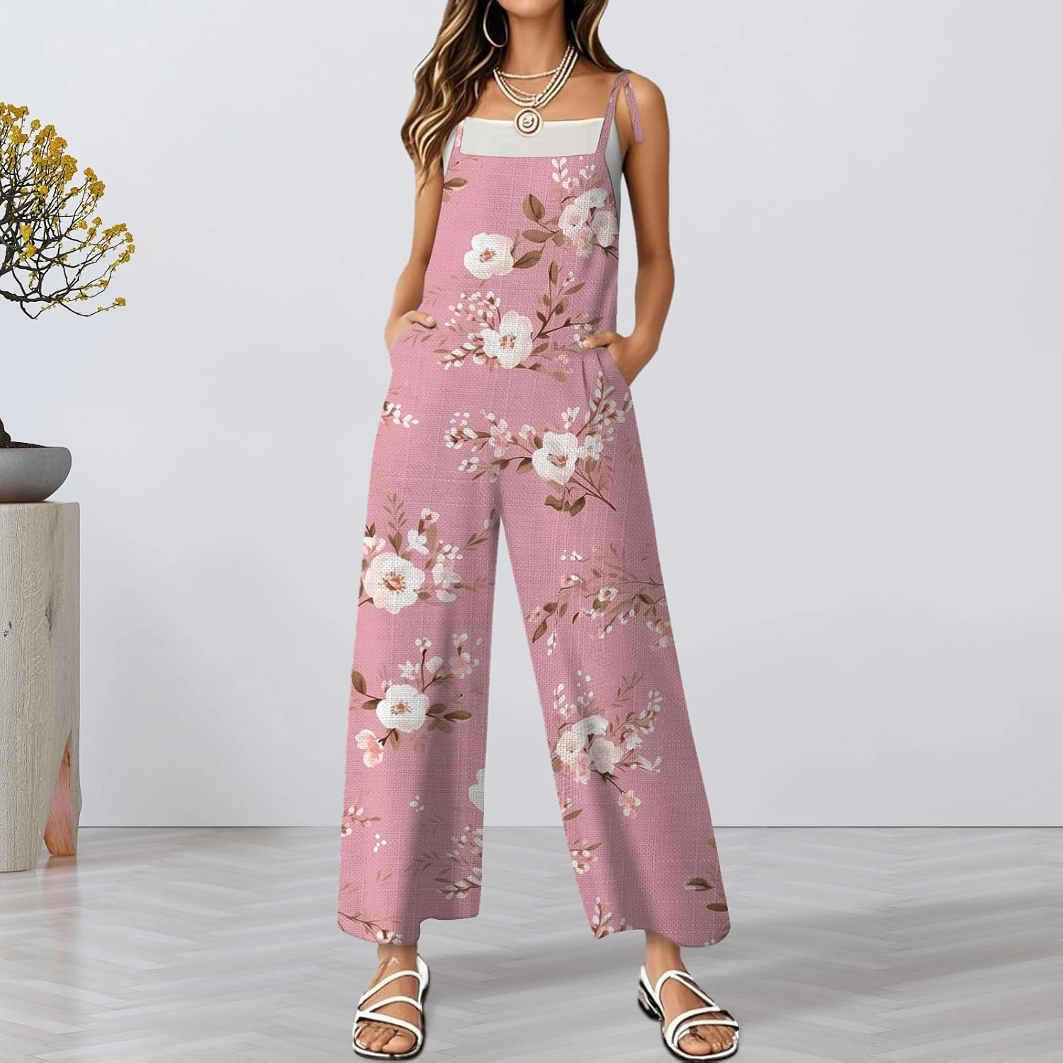 Women's Summer Rompers Loose Wide Leg Casual Wide Leg Long Jumpsuits Rompers with Pockets