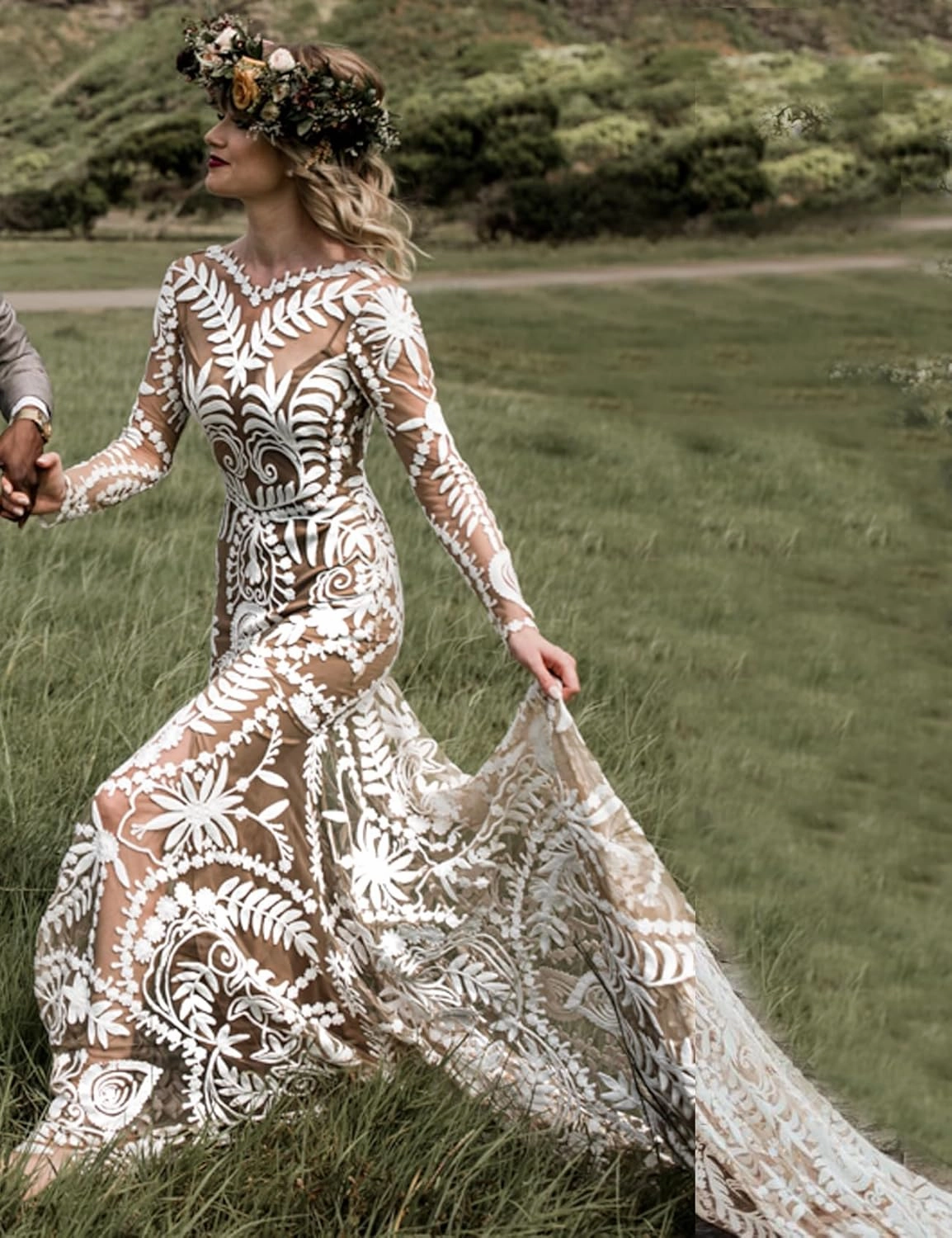 Women's Western Wedding Dress with Train 2 Pieces Long Sleeves Floral Lace Sheath Country Bridal Gown for Bride