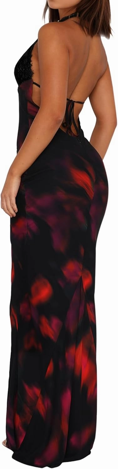 Women Sexy Backless Satin Maxi Dresses Spaghetti Strap Floral Print Dresses Slim Fit Elegant Night Party Outfits