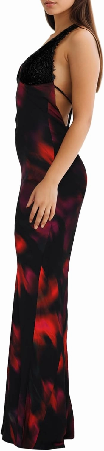 Women Sexy Backless Satin Maxi Dresses Spaghetti Strap Floral Print Dresses Slim Fit Elegant Night Party Outfits