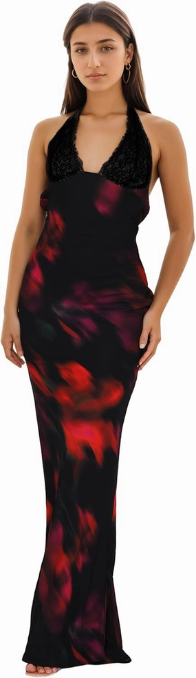 Women Sexy Backless Satin Maxi Dresses Spaghetti Strap Floral Print Dresses Slim Fit Elegant Night Party Outfits