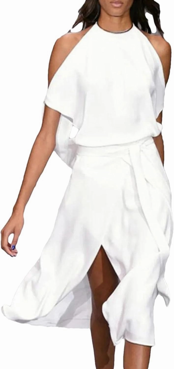 Women Sleeveless Split Long Dresses Streetwear Ruffles Dresses Summer Lace Up Waisted Tunic Dress