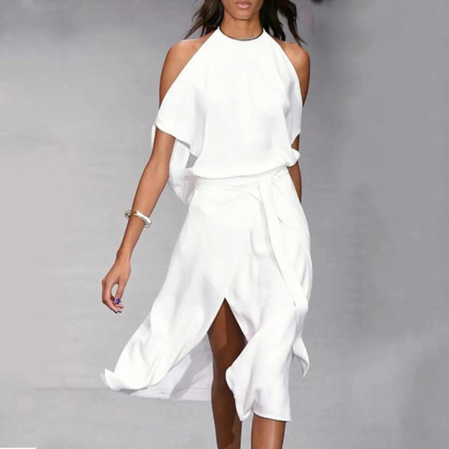Women Sleeveless Split Long Dresses Streetwear Ruffles Dresses Summer Lace Up Waisted Tunic Dress