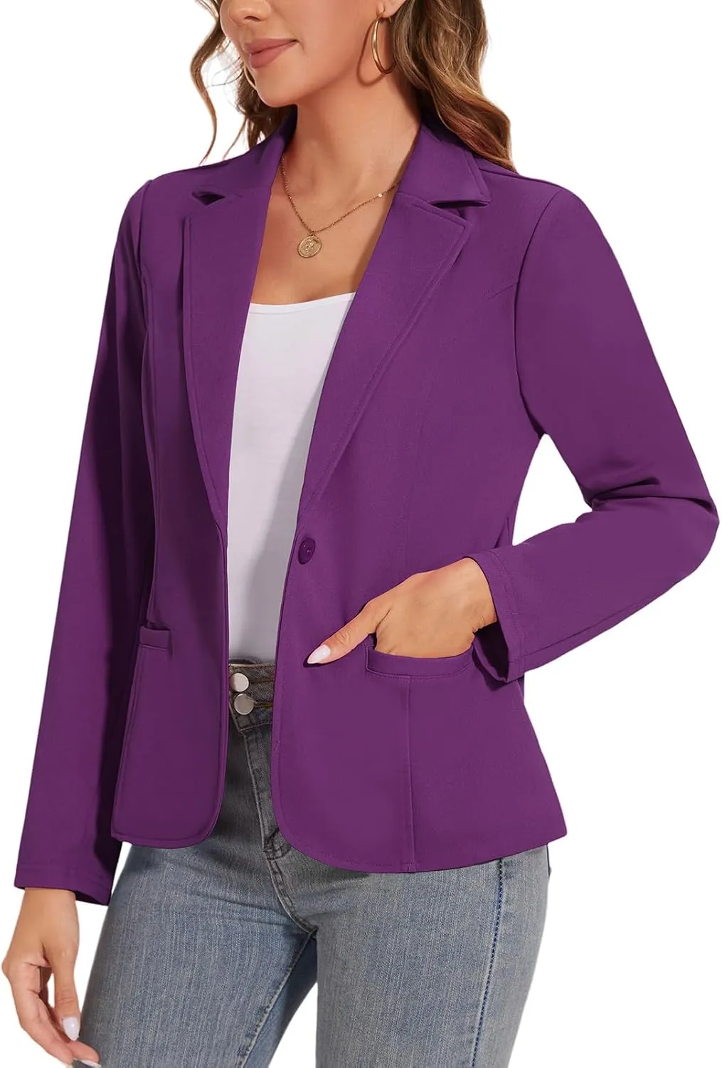 Women's Button Front Blazer Jackets Long Sleeve Lapel Business Casual Office Work Lightweight Blazers with Pocket
