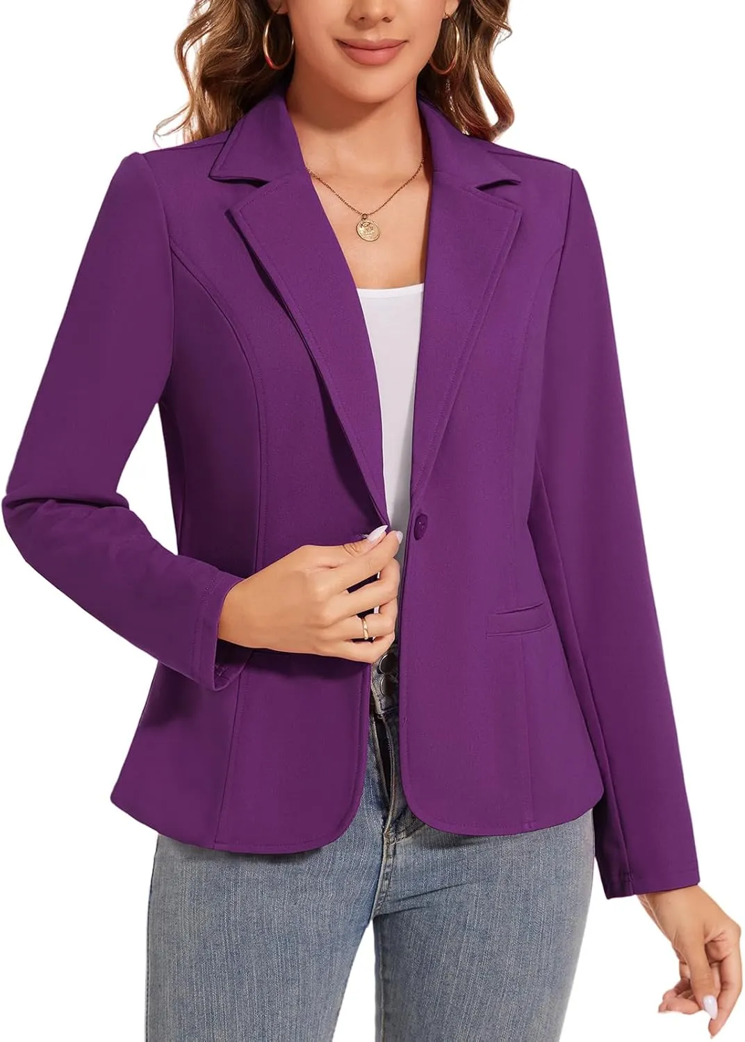 Women's Button Front Blazer Jackets Long Sleeve Lapel Business Casual Office Work Lightweight Blazers with Pocket