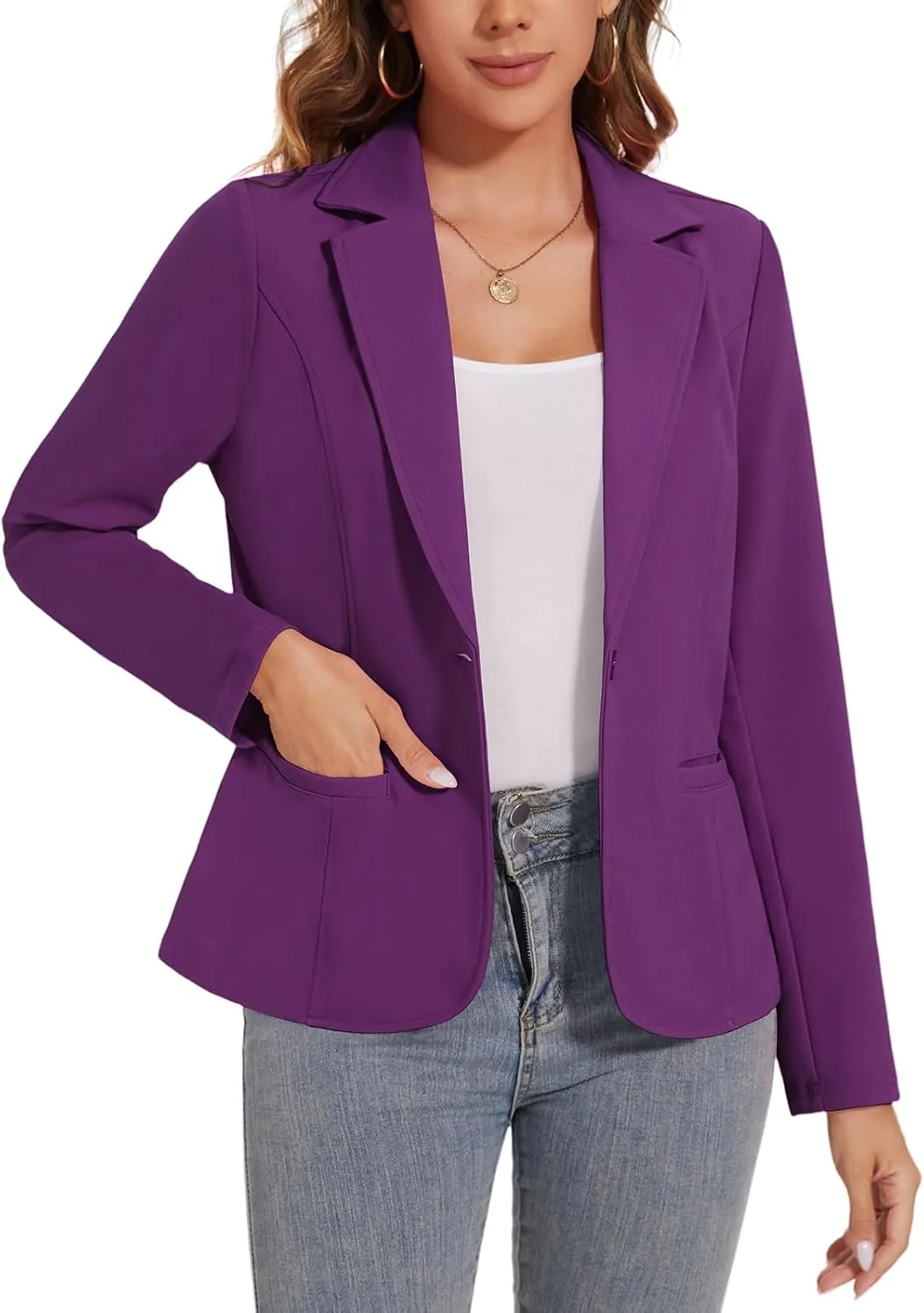 Women's Button Front Blazer Jackets Long Sleeve Lapel Business Casual Office Work Lightweight Blazers with Pocket