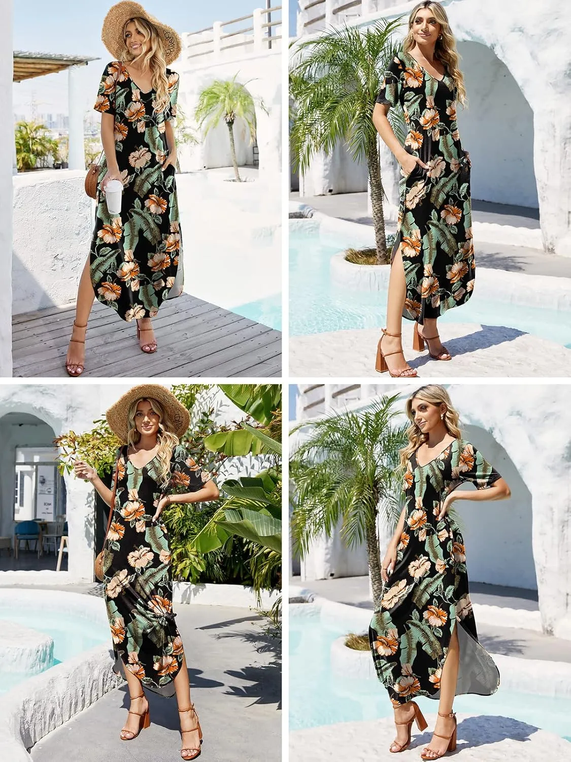 Women's Casual Loose Sundress Short Sleeve V Neck Long Dress Split Maxi Summer Beach Dress with Pockets