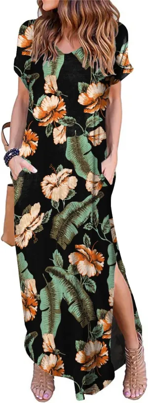 Women's Casual Loose Sundress Short Sleeve V Neck Long Dress Split Maxi Summer Beach Dress with Pockets