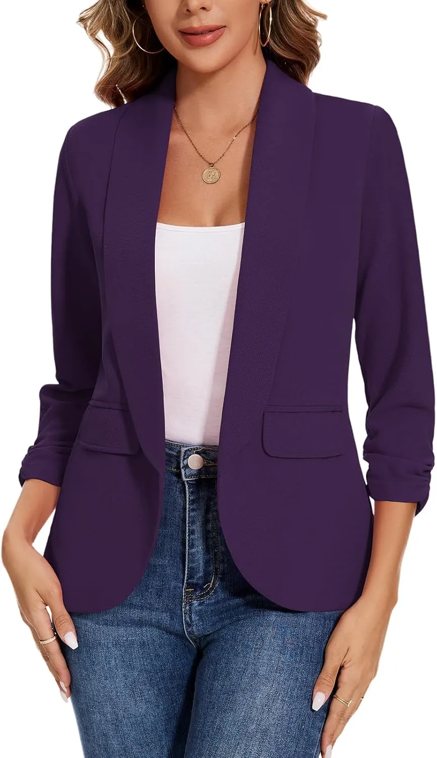 Women's Casual Open Front Blazers Shawl Lapel Ruched 3/4 Sleeve Office Lightweight Blazer Jackets with Pockets
