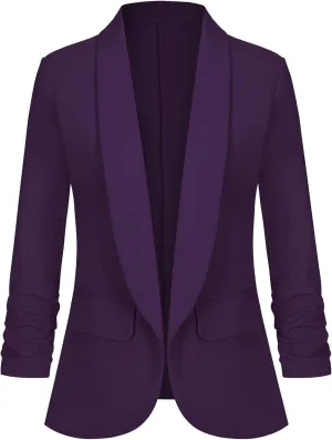 Women's Casual Open Front Blazers Shawl Lapel Ruched 3/4 Sleeve Office Lightweight Blazer Jackets with Pockets