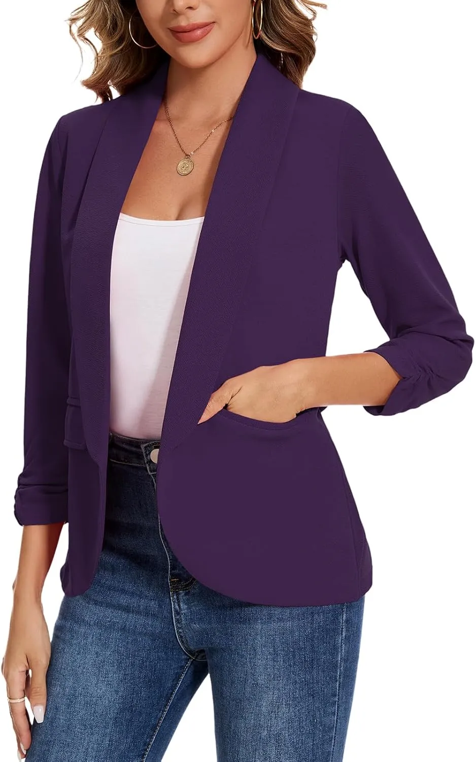 Women's Casual Open Front Blazers Shawl Lapel Ruched 3/4 Sleeve Office Lightweight Blazer Jackets with Pockets