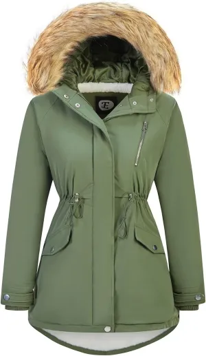 Women's Fur Hood Winter Parka Thicken Winter Jacket Coat Hooded Puffer Coat with Removable Fur Trim