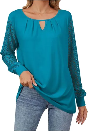 Womens Lace Long Sleeve Shirt Simple Solid Color Tops Shirts Crewneck Casual Loose Fall Fashion Blouse