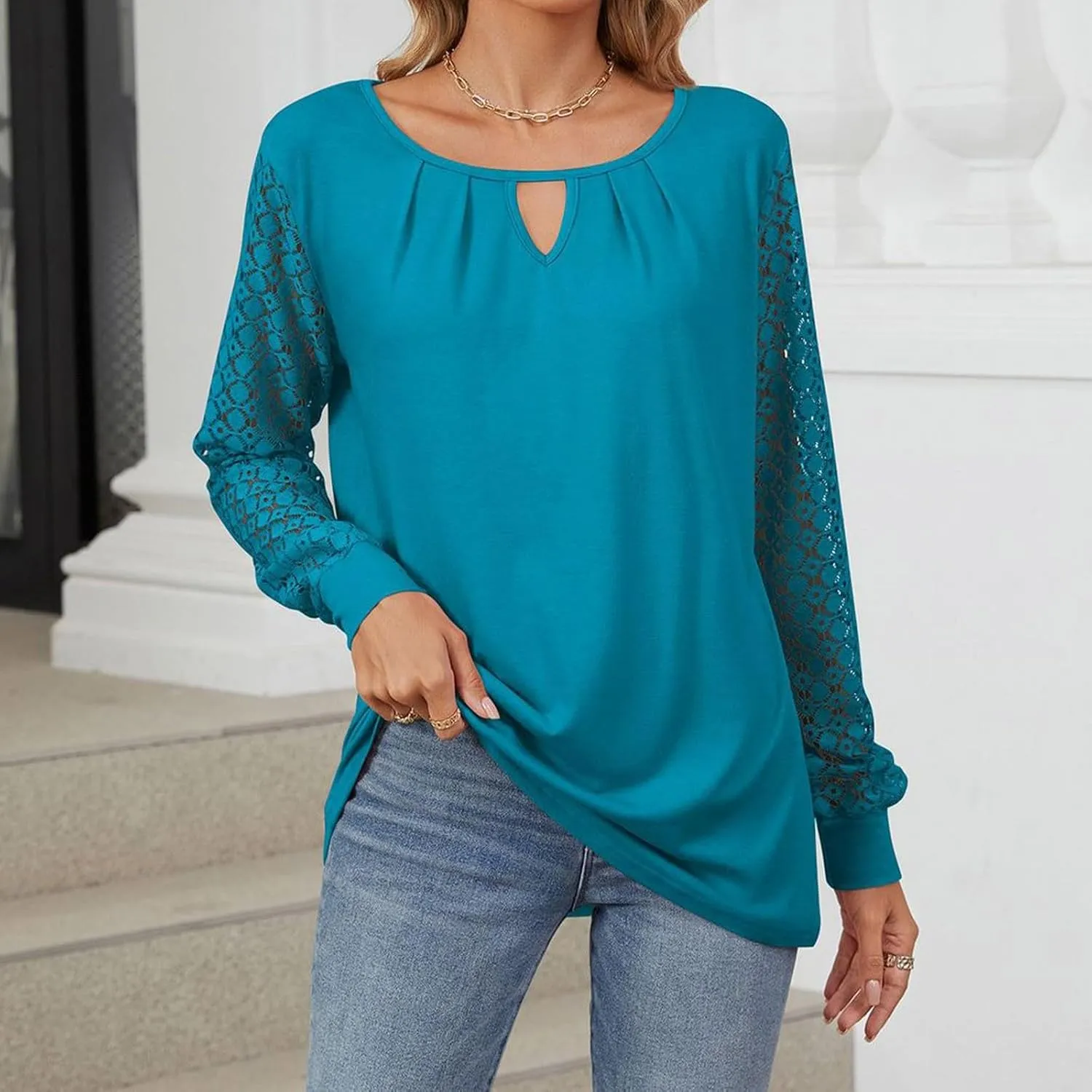 Womens Lace Long Sleeve Shirt Simple Solid Color Tops Shirts Crewneck Casual Loose Fall Fashion Blouse