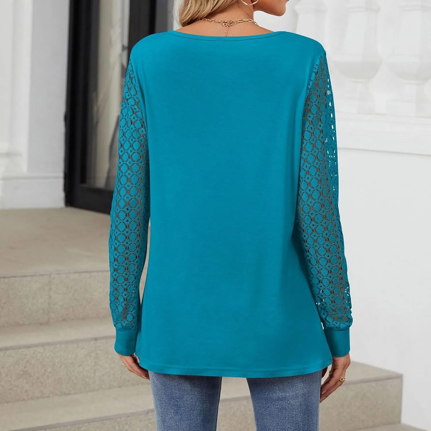 Womens Lace Long Sleeve Shirt Simple Solid Color Tops Shirts Crewneck Casual Loose Fall Fashion Blouse