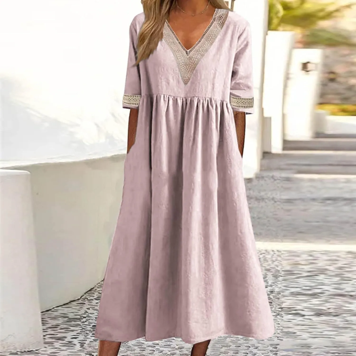 Women's Short Sleeve Lace Trim V Neck Midi Dress Simple Solid Color Long Dresses Loose Casual Sundress