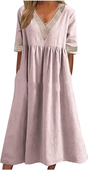 Women's Short Sleeve Lace Trim V Neck Midi Dress Simple Solid Color Long Dresses Loose Casual Sundress