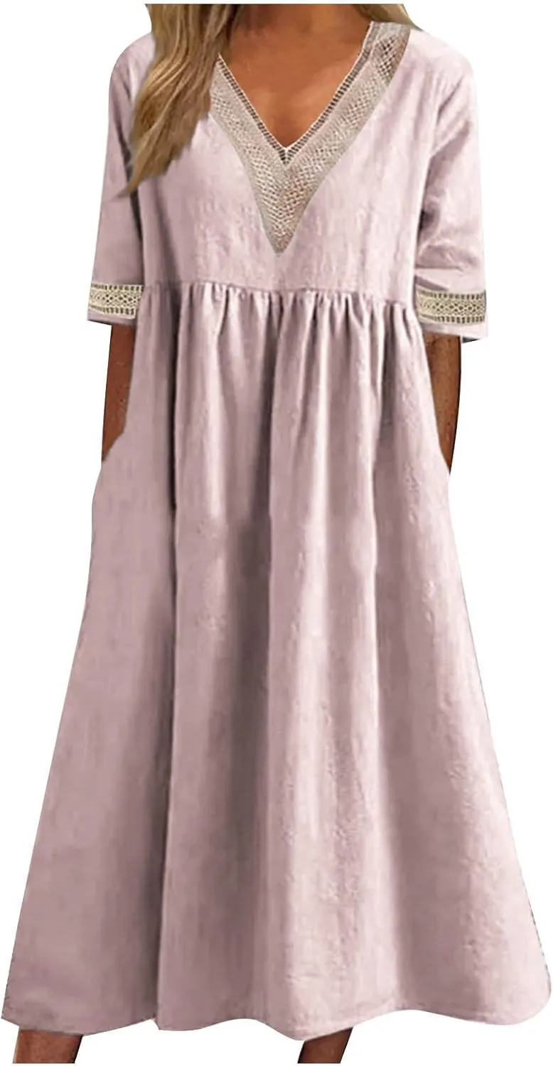 Women's Short Sleeve Lace Trim V Neck Midi Dress Simple Solid Color Long Dresses Loose Casual Sundress