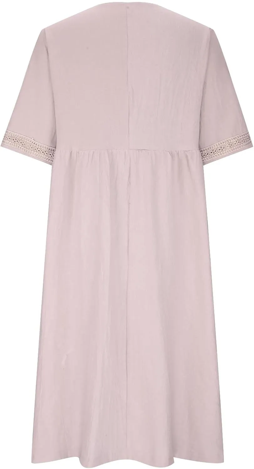Women's Short Sleeve Lace Trim V Neck Midi Dress Simple Solid Color Long Dresses Loose Casual Sundress