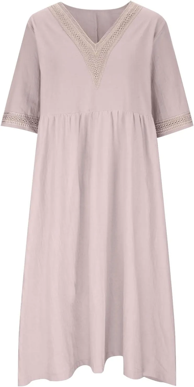 Women's Short Sleeve Lace Trim V Neck Midi Dress Simple Solid Color Long Dresses Loose Casual Sundress