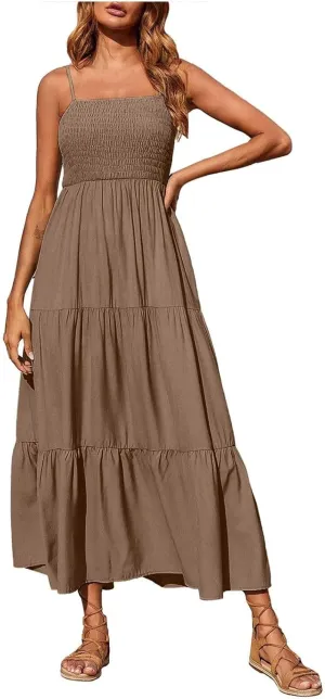 Women's Spaghetti Strap Fashion Maxi Dresses Simple Solid Color Sundress Casual Flowy Smocked Dresses