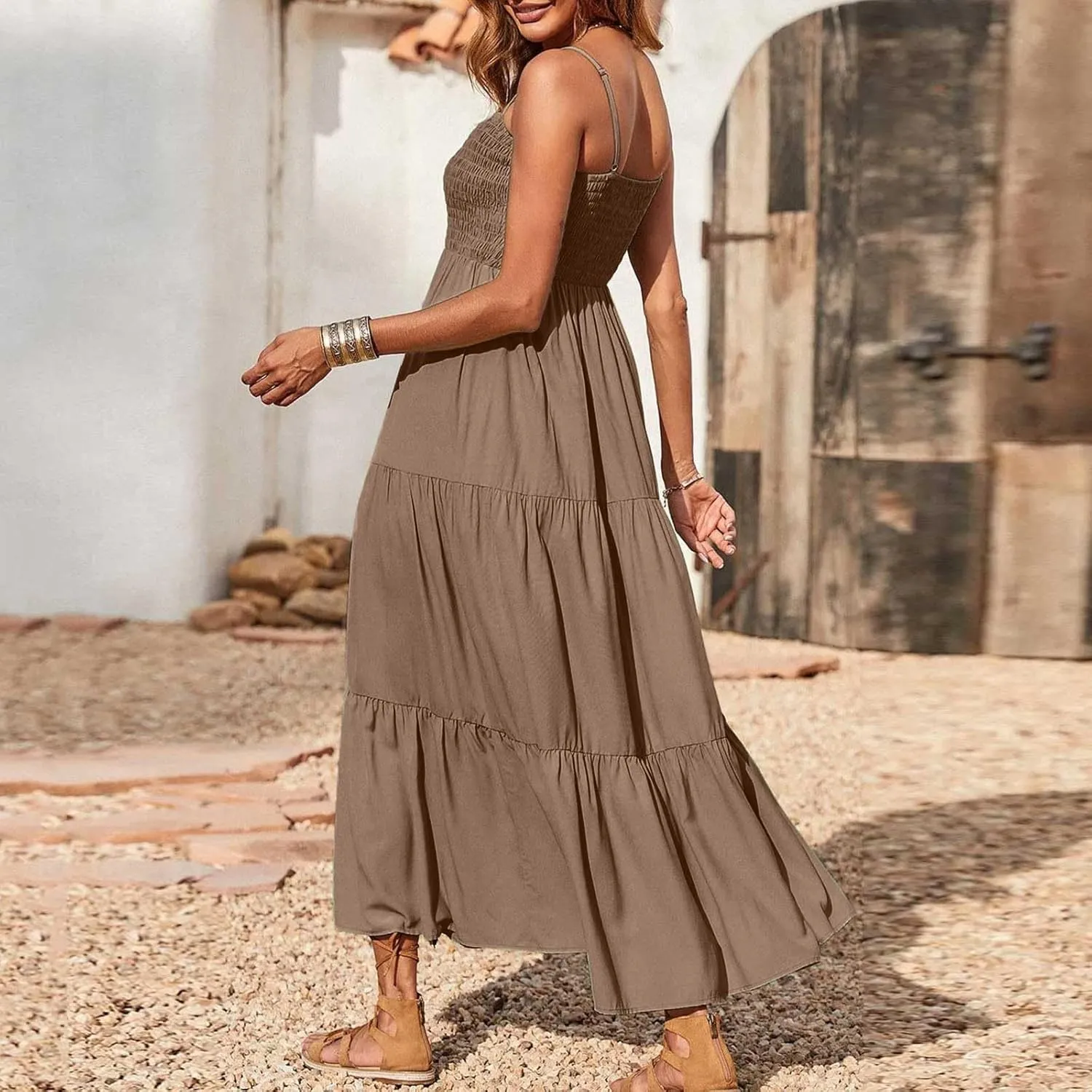 Women's Spaghetti Strap Fashion Maxi Dresses Simple Solid Color Sundress Casual Flowy Smocked Dresses