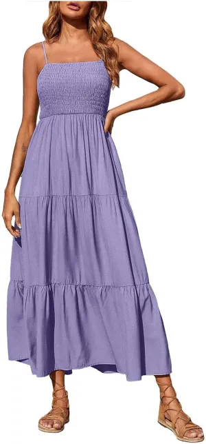 Women's Spaghetti Strap Fashion Maxi Dresses Simple Solid Color Sundress Casual Flowy Smocked Dresses
