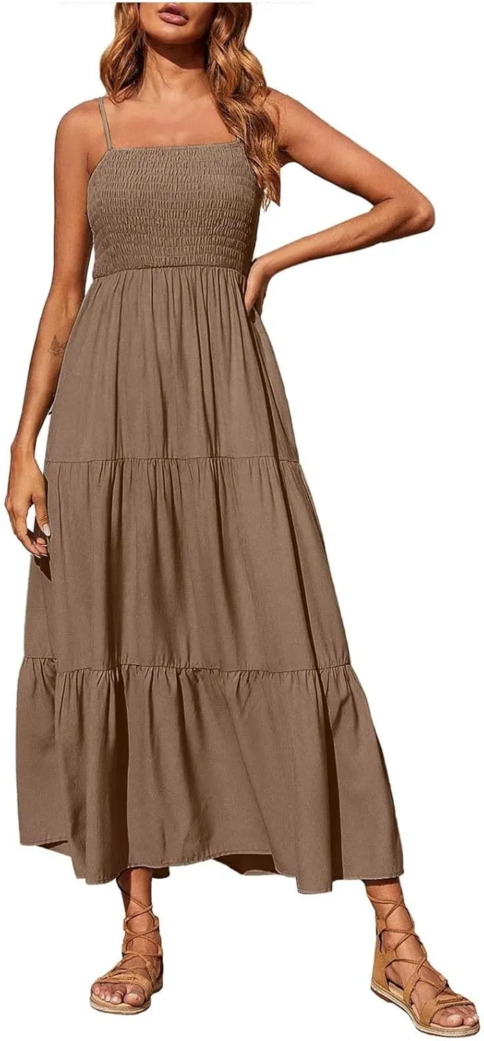 Women's Spaghetti Strap Fashion Maxi Dresses Simple Solid Color Sundress Casual Flowy Smocked Dresses